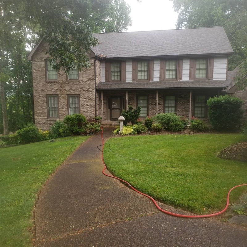 Curved concrete walkway stained with algae before cleaning
