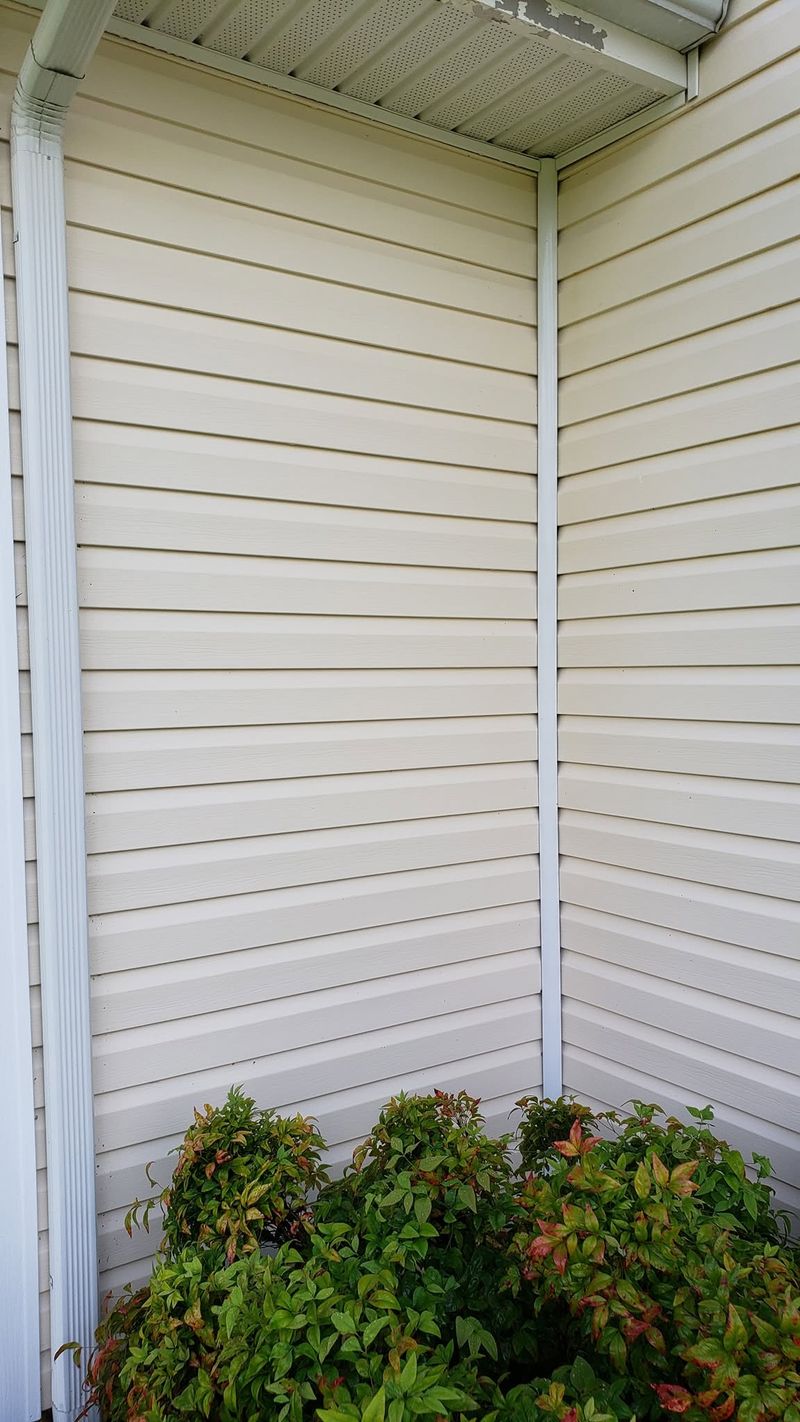 Same house corner after soft washing — spiderwebs cleared