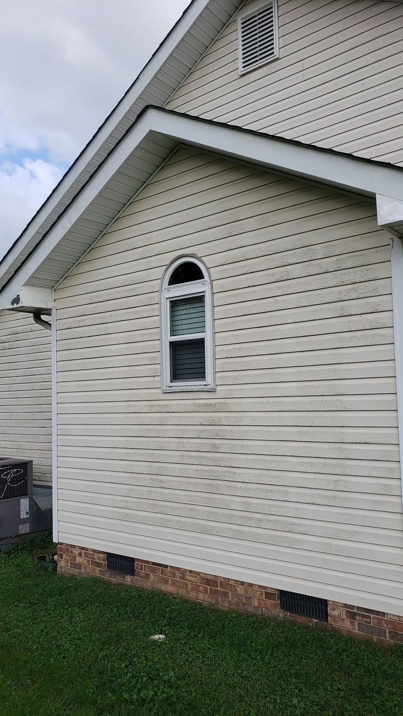 Arch window and surrounding siding before soft washing