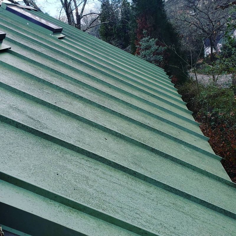Standing-seam metal roof with surface staining before cleaning